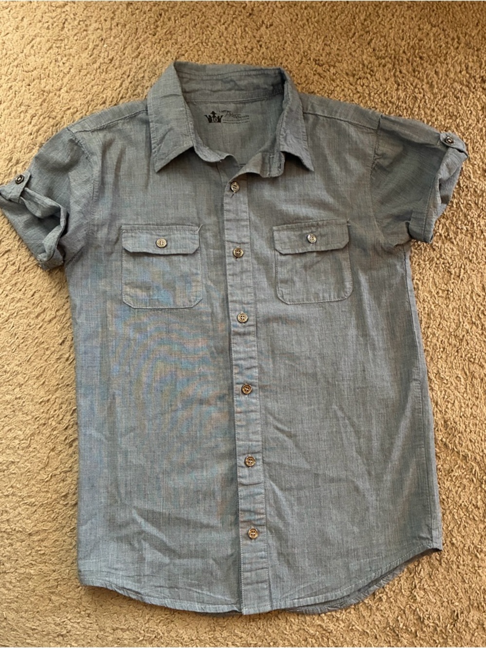 Boys’ Blue Chanbray Short Sleeve Button-Down Shirt with Pockets